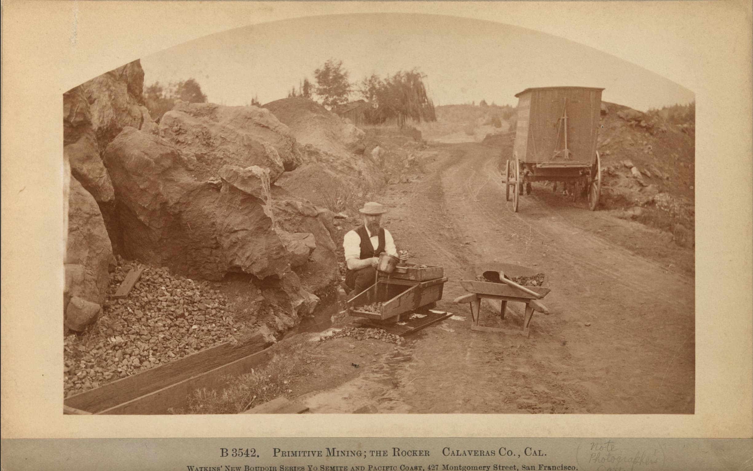 mammoth camera carleton watkins - B 3542. Calaveras Co., Primitive Mining; The Rocker Cal. Watkins' New Boudoir Series Yo Semite And Pacific Coast, 427 Montgomery Street, San Francisco. note Photographer's